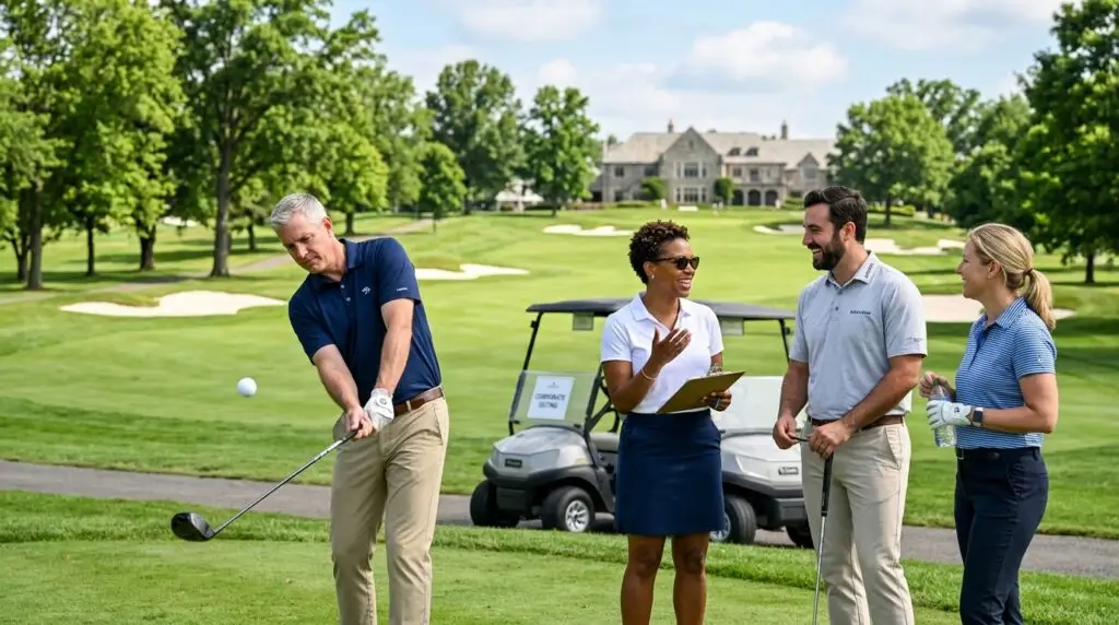Business professionals networking on a golf course